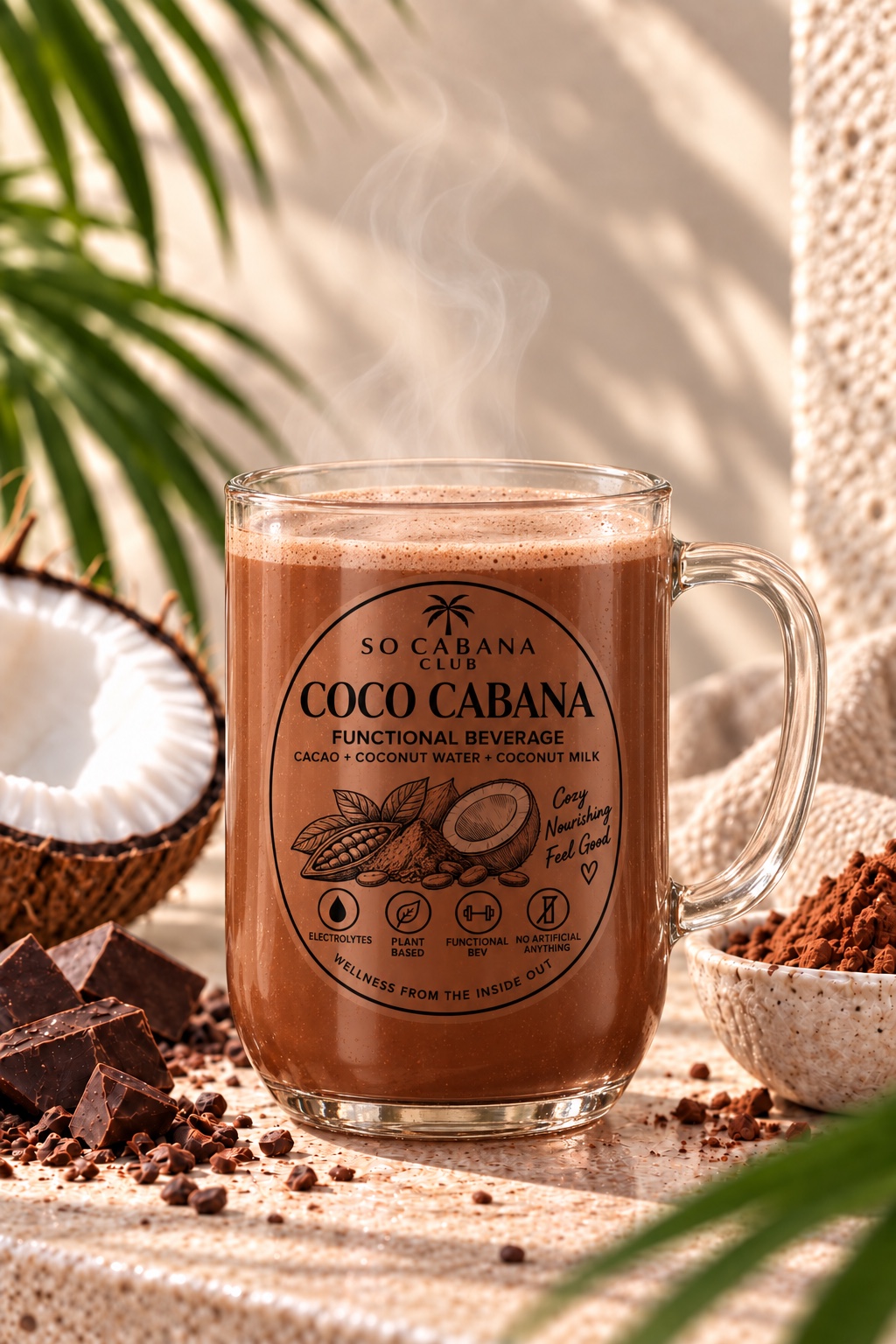 Steaming cacao drink with coconut and cacao